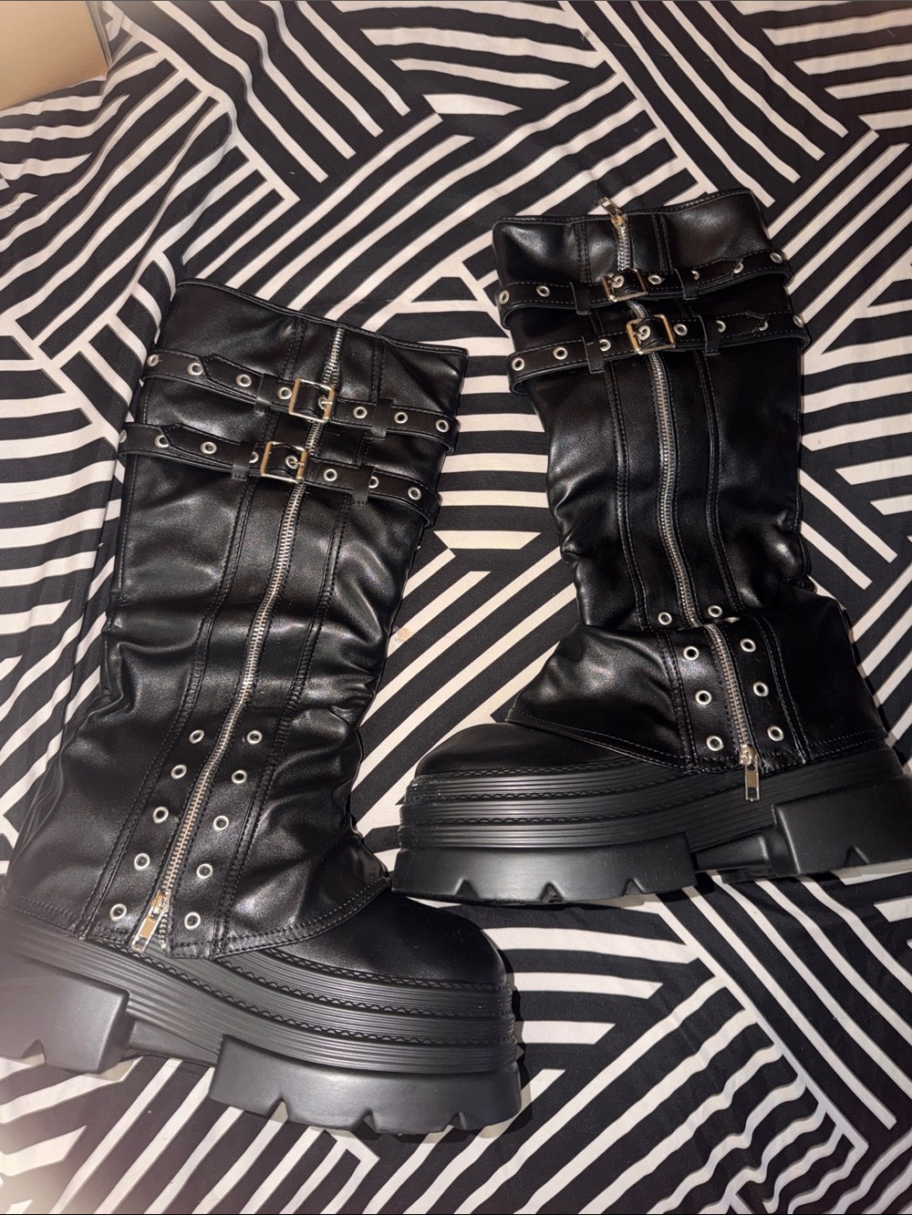 Black Platform Buckle Combat Boots - Women